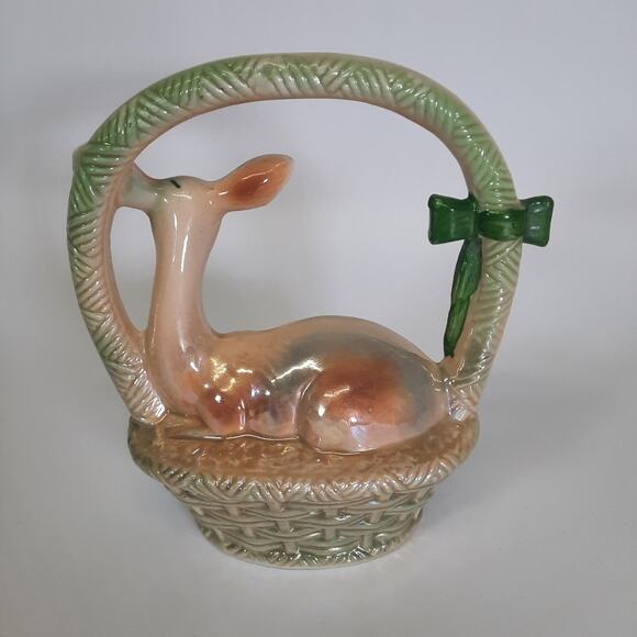 Vintage Porcelain Pearlized Deer in basket home decor - Picture 3 of 10